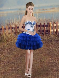 Royal Blue Lace Up Sweetheart Embroidery and Ruffled Layers Prom Gown Organza Sleeveless