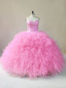 Luxurious Baby Pink Tulle Lace Up Sweetheart Sleeveless Floor Length Quinceanera Dress Beading and Ruffles