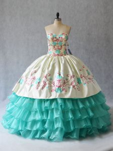 Aqua Blue Sweetheart Lace Up Embroidery and Ruffled Layers Quince Ball Gowns Sleeveless