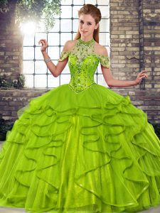 Sweet Olive Green Ball Gowns Beading and Ruffles Quinceanera Gown Lace Up Tulle Sleeveless Floor Length