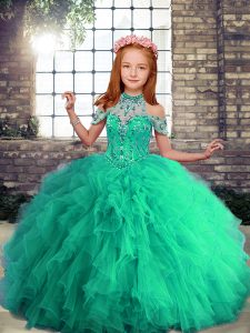 Fancy Floor Length Turquoise Pageant Dress Womens Tulle Sleeveless Beading and Ruffles