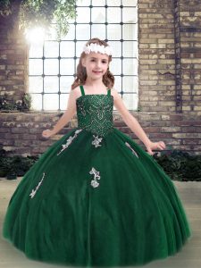 Dark Green Lace Up Straps Appliques Pageant Gowns For Girls Tulle Sleeveless