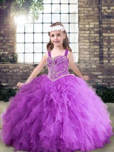 High End Purple Sleeveless Beading and Ruching Floor Length Little Girl Pageant Gowns