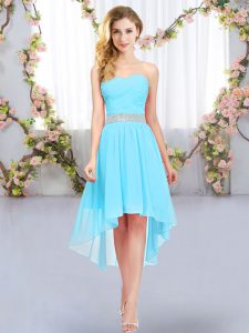 Glorious Aqua Blue Sleeveless Belt High Low Bridesmaid Gown