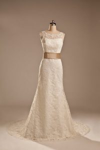 Adorable Sleeveless Brush Train Backless Lace and Belt Bridal Gown