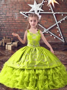 Perfect Yellow Green Straps Neckline Embroidery and Ruffled Layers Glitz Pageant Dress Sleeveless Lace Up
