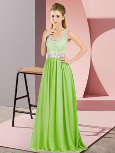 Captivating Yellow Green Chiffon Zipper Evening Dress Sleeveless Floor Length Beading and Lace and Appliques