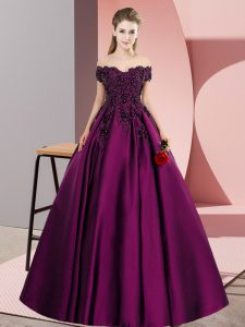 Trendy Purple Satin Zipper Off The Shoulder Sleeveless Floor Length 15 Quinceanera Dress Lace