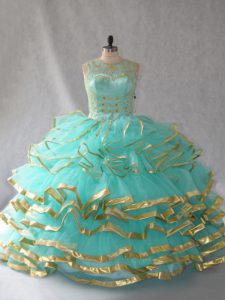 High Quality Organza Sleeveless Floor Length Quinceanera Gowns and Beading and Embroidery and Ruffles and Ruffled Layers