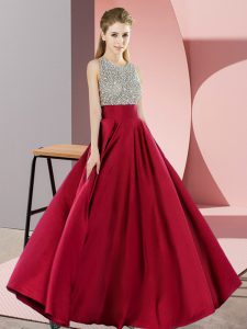 Wine Red Backless Prom Evening Gown Beading Sleeveless Floor Length