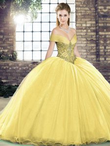 Spectacular Ball Gowns Sleeveless Gold Vestidos de Quinceanera Brush Train Lace Up