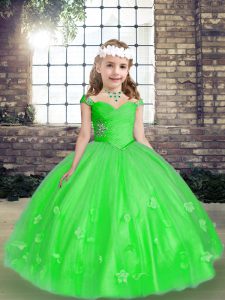Straps Sleeveless Tulle Pageant Gowns Beading and Hand Made Flower Lace Up