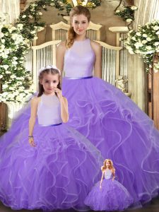 Modern Ball Gowns Quince Ball Gowns Lavender High-neck Tulle Sleeveless Floor Length Backless