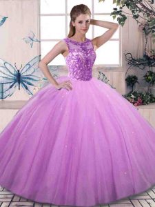 Sumptuous Scoop Sleeveless Quinceanera Dress Floor Length Beading Lilac Tulle