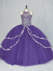 Attractive Purple Quince Ball Gowns Sweet 16 and Quinceanera with Beading Halter Top Sleeveless Lace Up