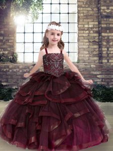 Discount Beading and Ruffles Little Girls Pageant Dress Wholesale Burgundy Lace Up Sleeveless Floor Length