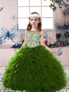 Customized Olive Green Kids Formal Wear Party and Wedding Party with Beading and Ruffles Scoop Sleeveless Lace Up
