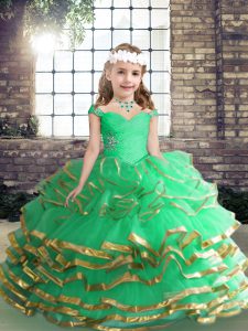 Inexpensive Apple Green Tulle Lace Up Straps Sleeveless Asymmetrical Pageant Dress Toddler Beading and Ruffles