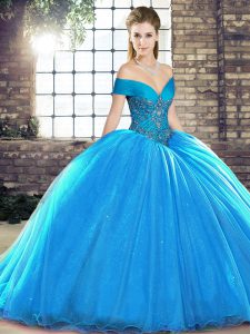 Captivating Blue Off The Shoulder Lace Up Beading Quinceanera Dresses Brush Train Sleeveless