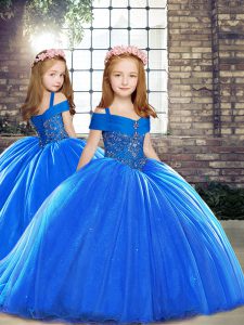 Ball Gowns Sleeveless Royal Blue Kids Pageant Dress Brush Train Lace Up