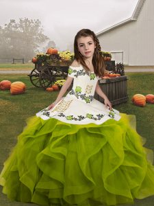 Nice Embroidery and Ruffles Little Girl Pageant Gowns Olive Green Lace Up Sleeveless Floor Length