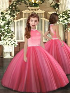 Simple Coral Red Ball Gowns Tulle High-neck Sleeveless Beading Floor Length Zipper Little Girls Pageant Dress