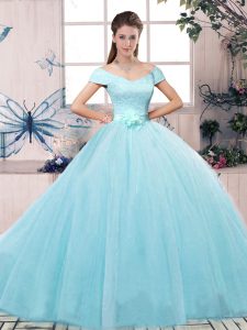 Floor Length Ball Gowns Short Sleeves Aqua Blue Quinceanera Dress Lace Up