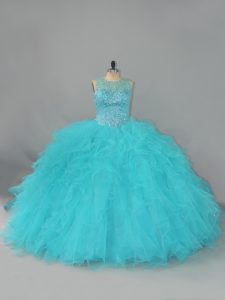 Smart Aqua Blue Scoop Lace Up Beading and Ruffles Quinceanera Gown Sleeveless