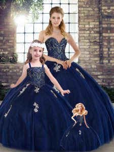 Flare Sweetheart Sleeveless Quince Ball Gowns Floor Length Beading and Appliques Navy Blue Tulle