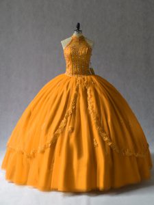 Orange Ball Gowns Halter Top Tulle Lace Up Beading Sweet 16 Quinceanera Dress