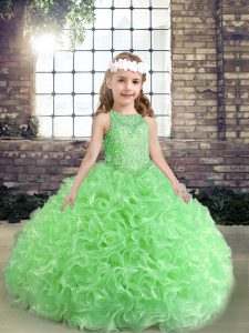 Lace Up Scoop Beading Kids Pageant Dress Fabric With Rolling Flowers Sleeveless