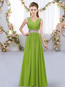 Pretty Floor Length Olive Green Vestidos de Damas Chiffon Sleeveless Beading and Belt
