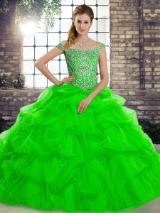 Simple Sleeveless Beading and Pick Ups Lace Up Quinceanera Dresses with Green Brush Train