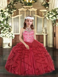 Red Halter Top Neckline Beading and Ruffles Little Girls Pageant Dress Sleeveless Lace Up