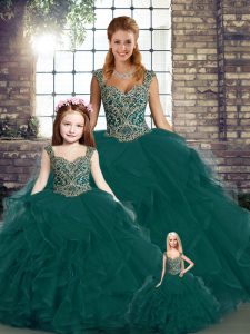 Tulle Straps Sleeveless Lace Up Beading and Ruffles Quinceanera Gown in Peacock Green
