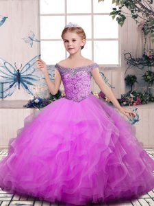 Lilac Little Girl Pageant Dress Party and Sweet 16 and Wedding Party with Beading and Ruffles Off The Shoulder Sleeveles