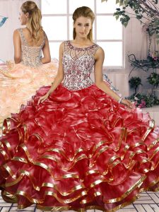 Red Organza Lace Up Quinceanera Dresses Sleeveless Floor Length Beading and Ruffles
