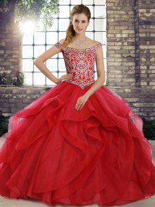Stylish Ball Gowns Sleeveless Red 15th Birthday Dress Brush Train Lace Up