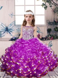 Floor Length Lace Up Little Girls Pageant Gowns Fuchsia for Party and Wedding Party with Beading and Ruffles