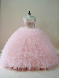 On Sale Brush Train Ball Gowns Quinceanera Gowns Baby Pink Sweetheart Tulle Sleeveless Lace Up