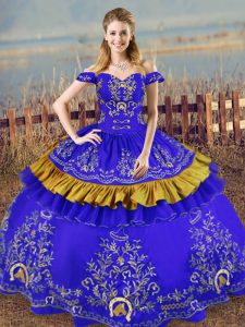 Blue Sleeveless Embroidery Floor Length Quinceanera Gowns