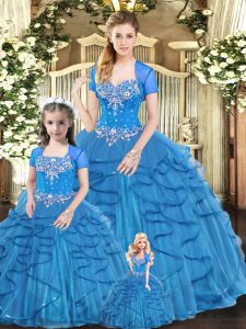 Blue Sweetheart Lace Up Beading and Ruffles Quinceanera Gown Sleeveless
