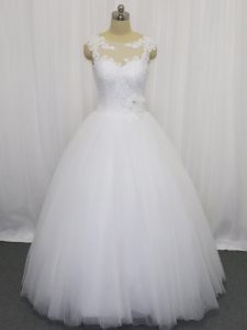 Modern White Tulle Clasp Handle Scoop Sleeveless Floor Length Wedding Gowns Beading and Lace and Hand Made Flower