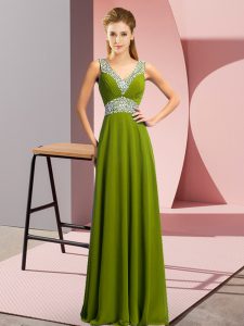 Beautiful Olive Green Empire Chiffon V-neck Sleeveless Beading Floor Length Lace Up Prom Evening Gown