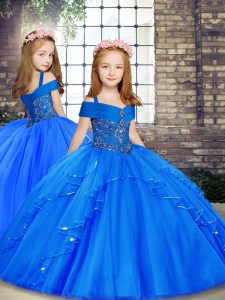 Charming Floor Length Blue Little Girls Pageant Gowns Straps Sleeveless Lace Up