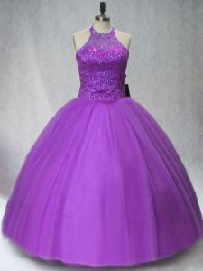 Stylish Purple Lace Up Vestidos de Quinceanera Beading Sleeveless Floor Length