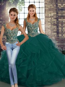 Nice Straps Sleeveless Tulle Quince Ball Gowns Beading and Ruffles Lace Up