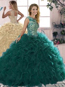 Popular Sleeveless Floor Length Beading and Ruffles Lace Up 15th Birthday Dress with Peacock Green