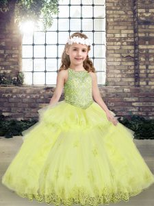 Yellow Green Lace Up Scoop Lace and Appliques High School Pageant Dress Tulle Sleeveless