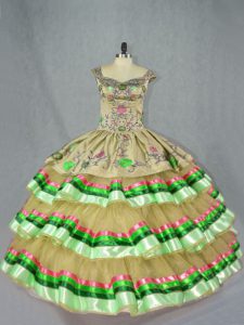 Embroidery and Ruffled Layers Quinceanera Gown Olive Green Lace Up Sleeveless Floor Length